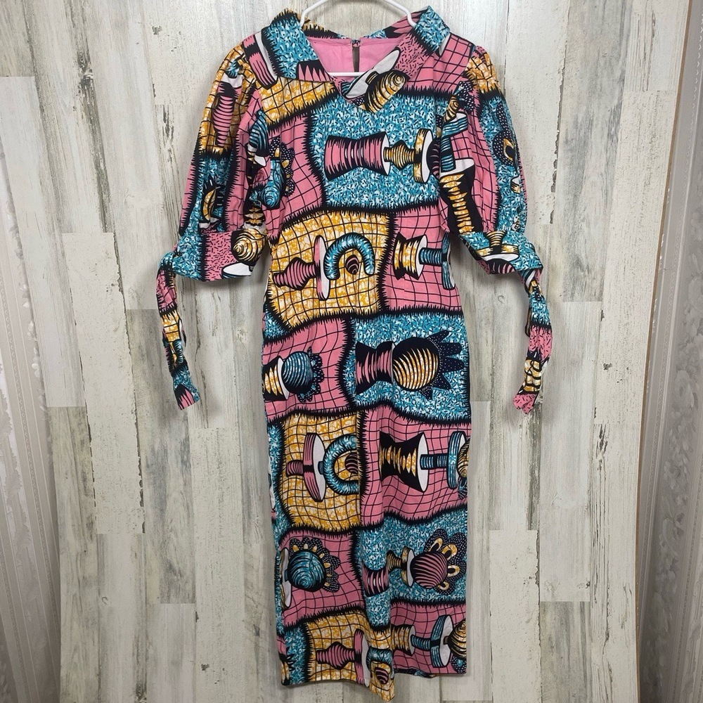 Handmade Midi Dress Wearable Art Puff Sleeve Abstract Colorful Estimated SizeM